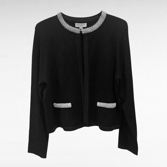 RIO & RIAN NY Black Pearl Trim Quilted Cardigan Sweater Jacket Open Front (XL) - Picture 4 of 13